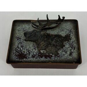 Vintage 1930s German Brass Stag Deer Wooden Cigar Tobacco Box Hunting Decor